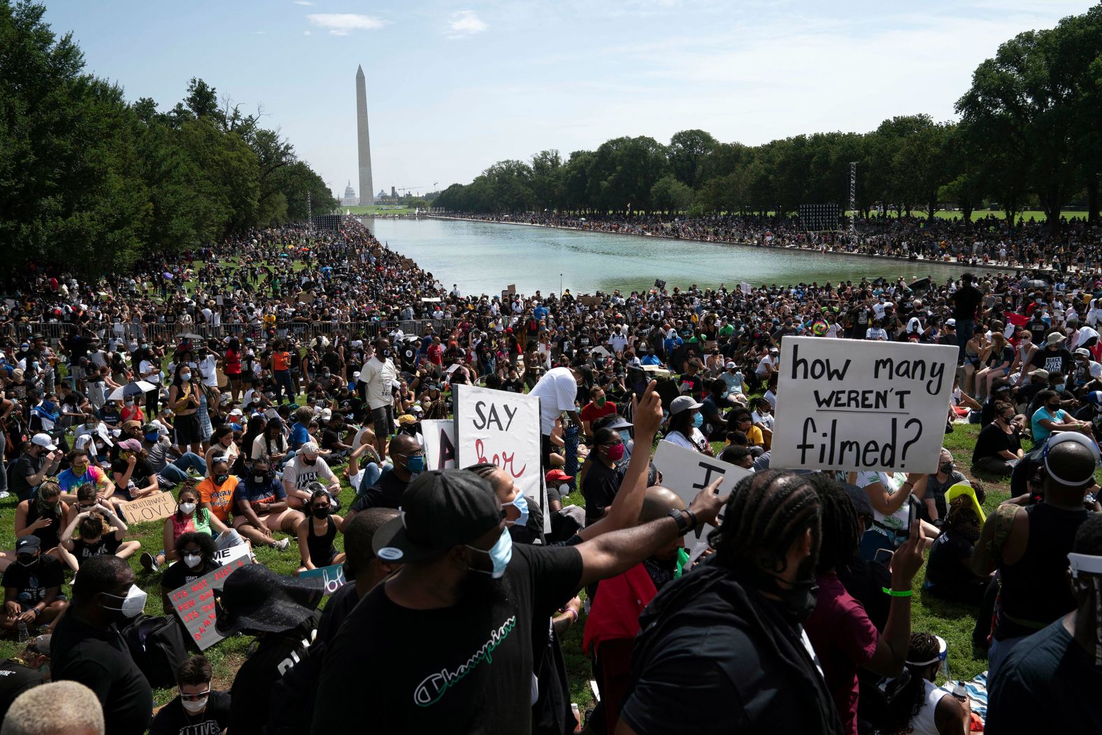 Demonstrators gather at the Lincoln Memorial on Friday, August 28.