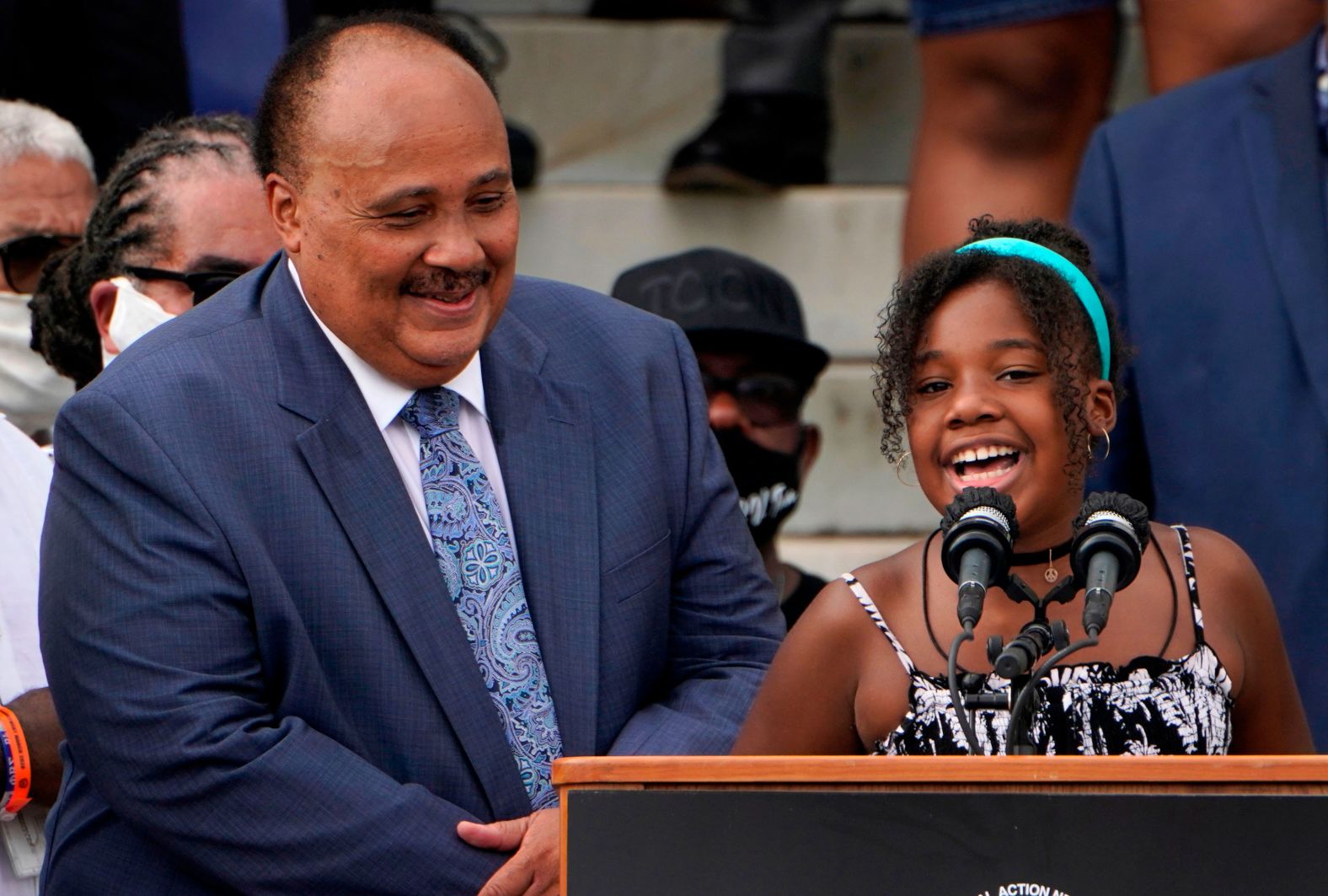 Yolanda Renee King speaks with her father, Martin Luther King III, at her side at the Lincoln Memorial. Both King III and his daughter spoke from the exact spot where their father and grandfather, Martin Luther King Jr., spoke in 1963.