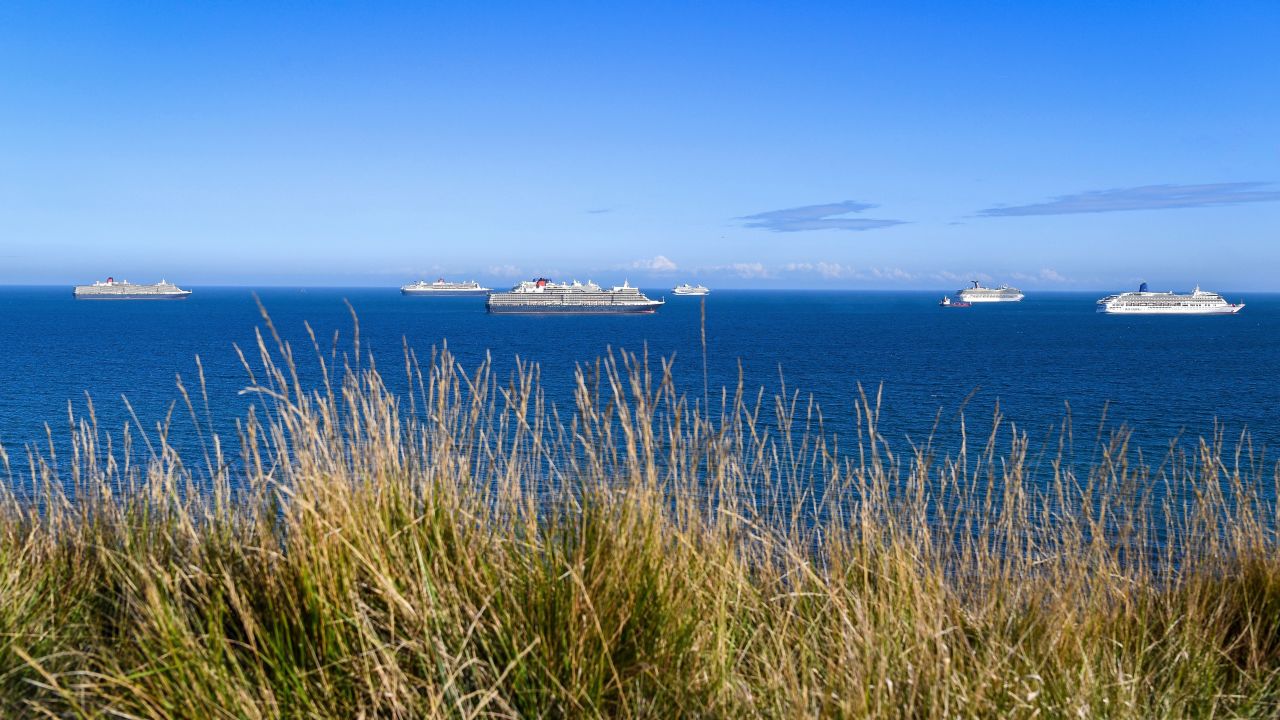 Several cruise ships are currently anchored off the English Channel. Pictured here: Queen Victoria, Queen Mary 2, Queen Elizabeth, Marella Discovery, Carnival Valor and Aurora, off the coast of Weymouth.
