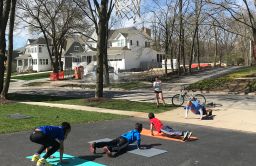 Joe Schallmoser (far right), athletic director at Avery Coonley School in Downers Grove, Ill., traveled to his students' homes to do burpees in their driveways while social distancing.