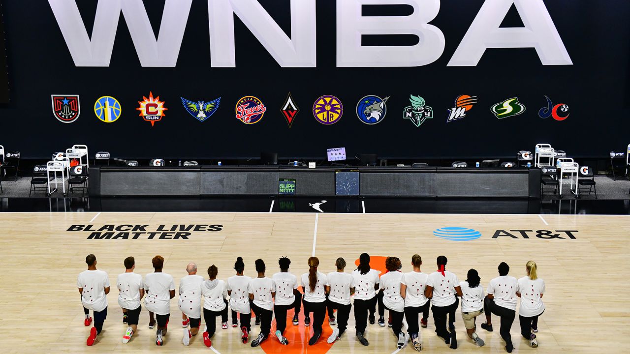 The Washington Mystics each wear white T-shirts with seven bullet holes on the back at Feld Entertainment Center on August 26, 2020 in Palmetto, Florida, as they protest the shooting of Jacob Blake by Kenosha, Wisconsin police 