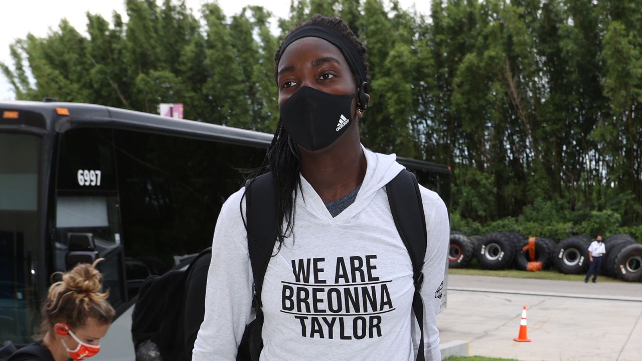 Elizabeth Williams of the Atlanta Dream arrives for the game on August 16, 2020 at Feld Entertainment Center in Palmetto, Florida.