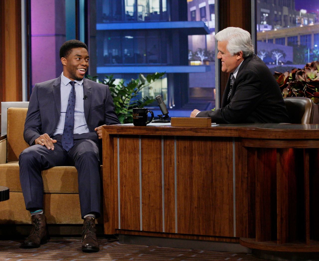 Boseman is interviewed on "The Tonight Show with Jay Leno" soon after "42" hit theaters.