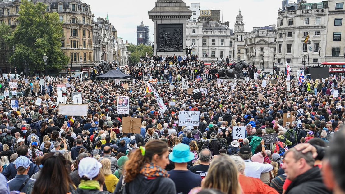 Anti-mask protesters are seen at the Unite for Freedom protest in Trafalgar Square on August 29.