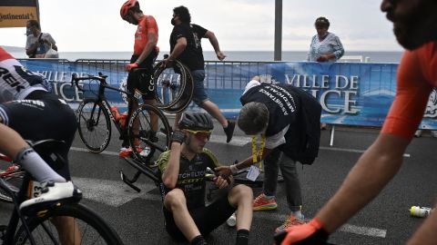 Team Mitchelton rider Spain's Mikel Nieve receives medical attention after he crashed on the treacherous first stage of he 2020 Tour de France in Nice.