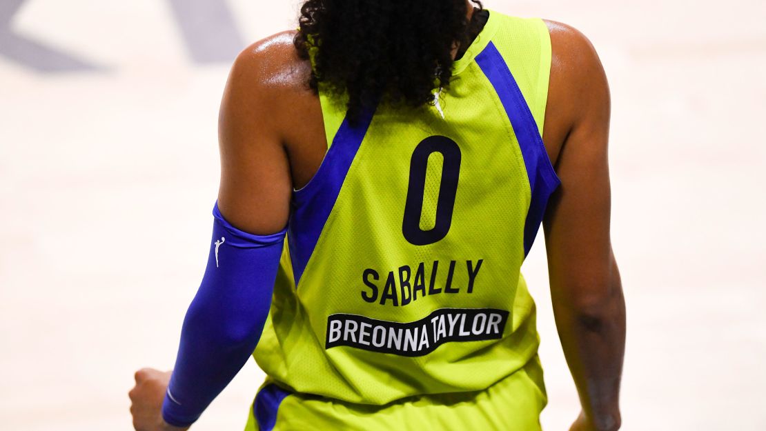 Detailed view of the back of the jersey of Satou Sabally #0 of the Dallas Wings showing the name of Breonna Taylor during the second quarter against the Phoenix Mercury at Feld Entertainment Center on August 10, 2020 in Palmetto, Florida. 