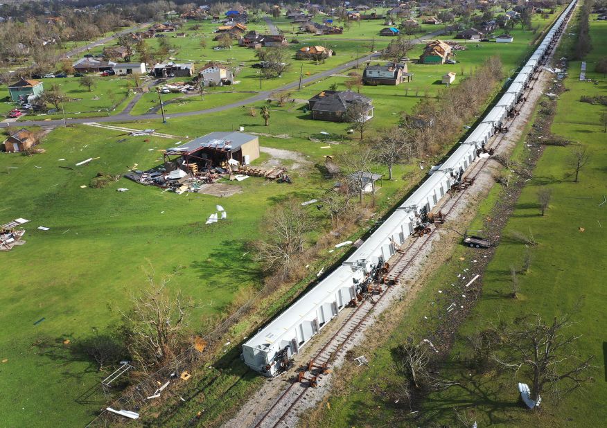 Derailed train cars lie on their side in Lake Charles, Louisiana, on August 29.