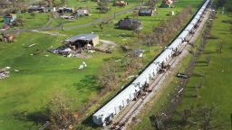 LAKE CHARLES, LOUISIANA- AUGUST 29:  An aerial view from a drone shows railcars that derailed as Hurricane Laura passed through the area on August 29, 2020 in Lake Charles, Louisiana. The hurricane came ashore bringing rain and high winds to the southeast region of the state, reaching wind speeds of 150 mph and a 9-12 feet storm surge. (Photo by Joe Raedle/Getty Images)