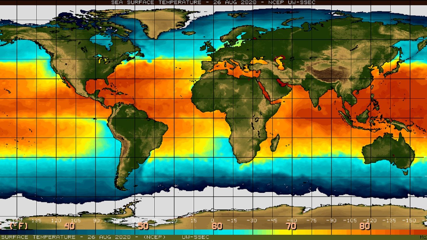 Sea surface temperatures on Wednesday, August 26, 2020.