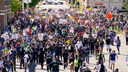 Hundreds march at a rally for Jacob Blake Saturday, Aug. 29, 2020, in Kenosha, Wis. (AP Photo/Morry Gash)