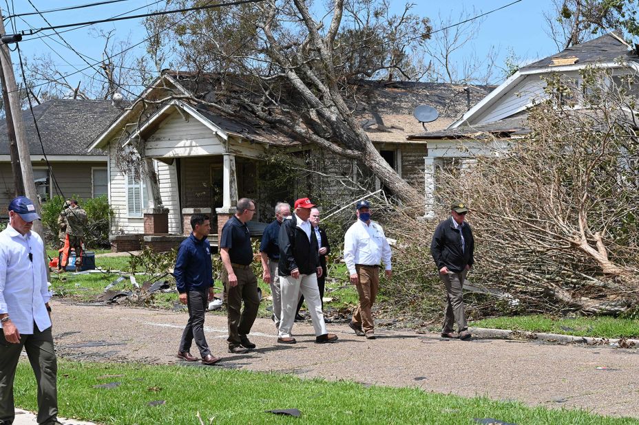 President Donald Trump tours the damage in Lake Charles on August 29.