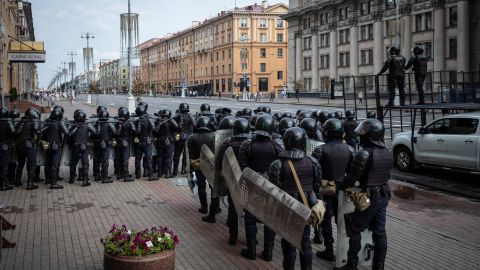Riot police gather in Minsk, Belarus to break up an anti-government rally on August 30, 2020. 