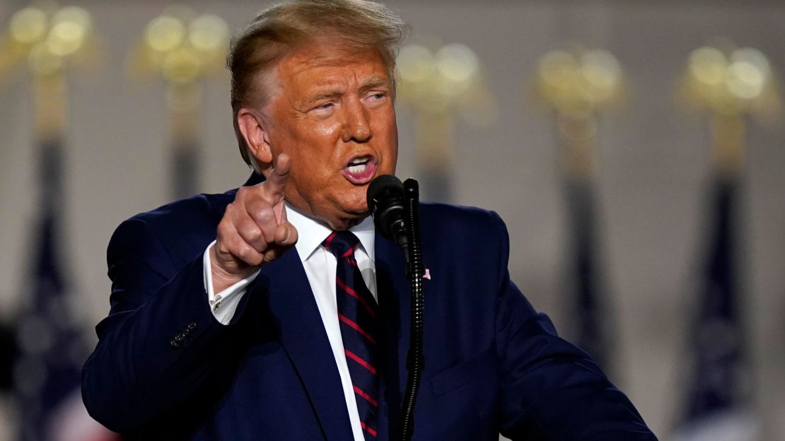 President Donald Trump speaks from the South Lawn of the White House on the fourth day of the Republican National Convention, Thursday, August 27 in Washington.