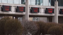 Closed terminals are seen at the U.S.-Canada border crossing in Niagara Falls, Ontario, Canada, on Saturday, March 21, 2020. 