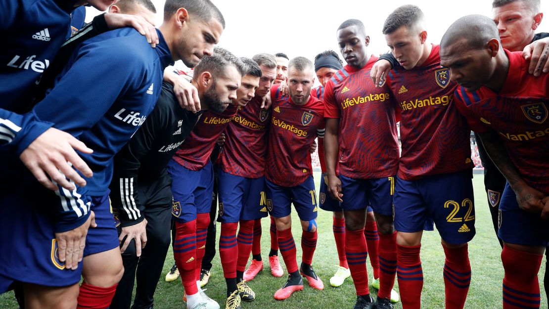 Real Salt Lake players huddle before a March game at Rio Tinto Stadium.