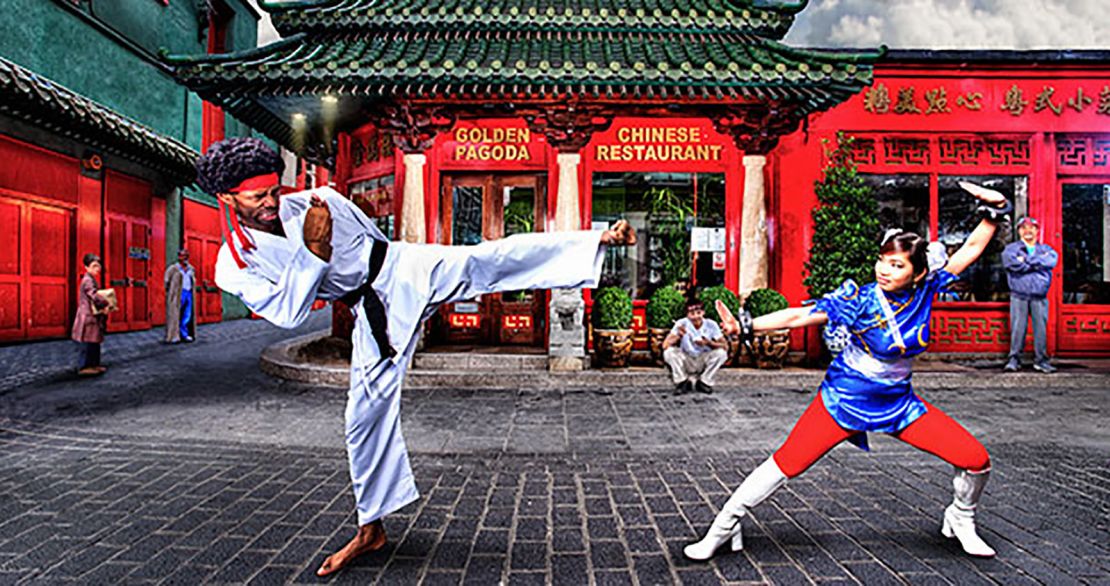 Hart dressed as the Street Fighter character Ryu with Marie-Laure Norindr, the first woman to win a pro-Street Fighter event, in 2012.