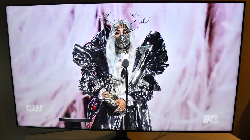 NEW YORK, NY - AUGUST 30: In this photo illustration, Lady Gaga accepts the MTV Tricon Award, viewed on a television screen, during the 2020 MTV Video Music Awards broadcast on August 30, 2020 in  New York City.  (Photo Illustration by Frazer Harrison/Getty Images)