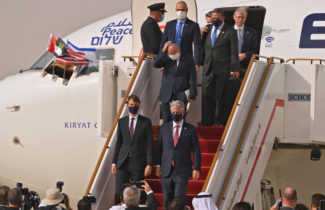 Kushner and O'Brien disembark from the El Al plane after the three-hour flight, which was permitted to use Saudi Arabian airspace.