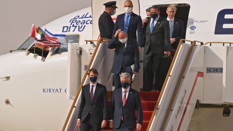 Kushner and O'Brien disembark from the El Al plane after the three-hour flight, which was permitted to use Saudi Arabian airspace.