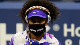 Naomi Osaka, of Japan, wears a mask in honor of Breonna Taylor before her match against Misaki Doi, of Japan, during the first round of the US Open tennis championships, Monday, Aug. 31, 2020, in New York. (AP Photo/Frank Franklin II)