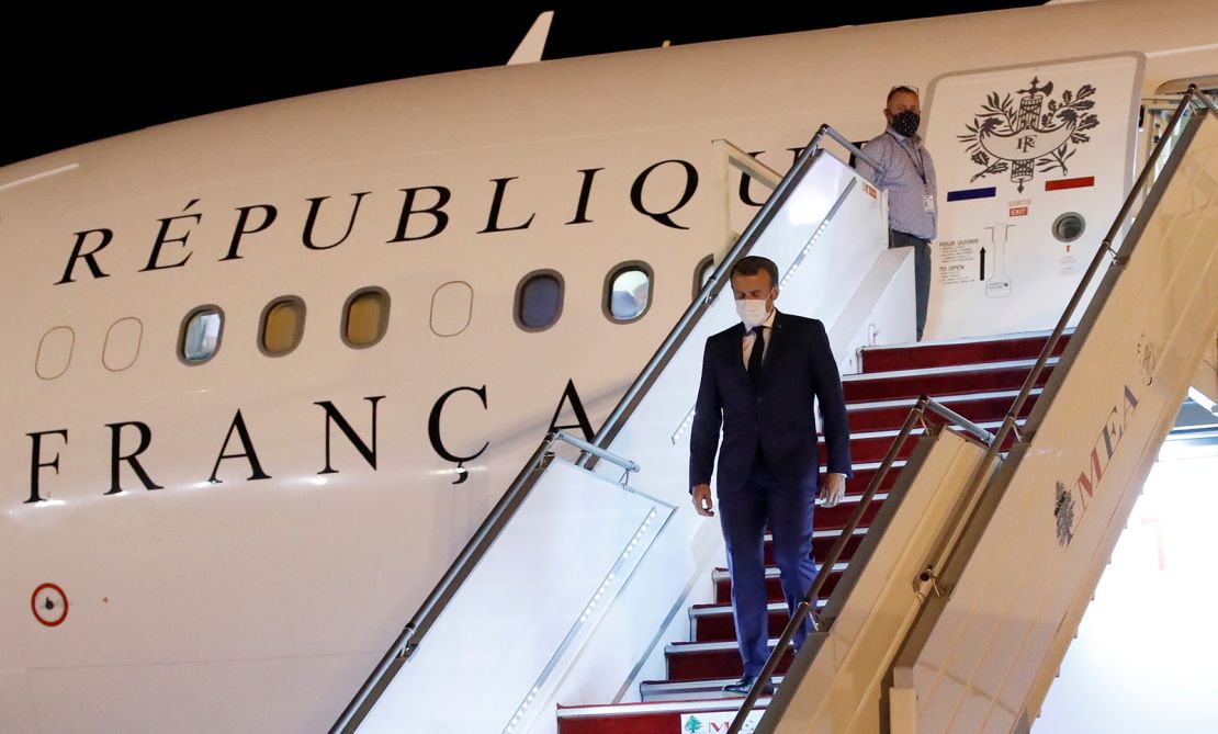 Macron arrives at Beirut International Airport on August 31, 2020.