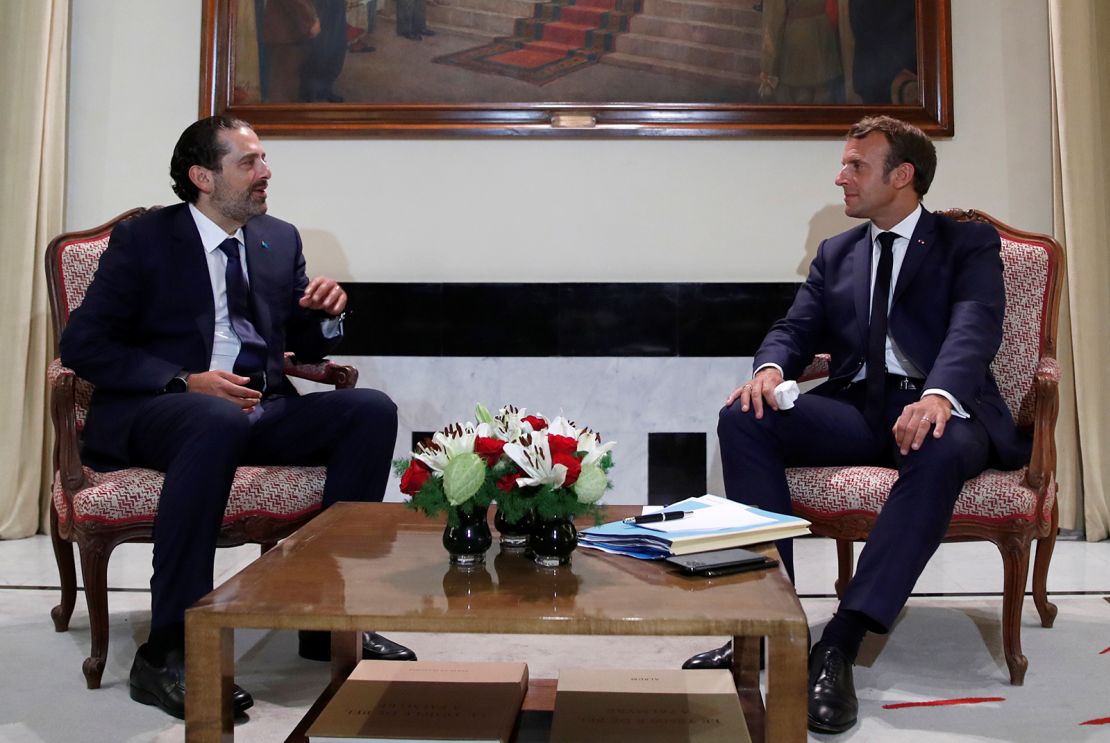 French President Emmanuel Macron meets former Lebanese Prime Minister Saad Hariri in Beirut on August 31.