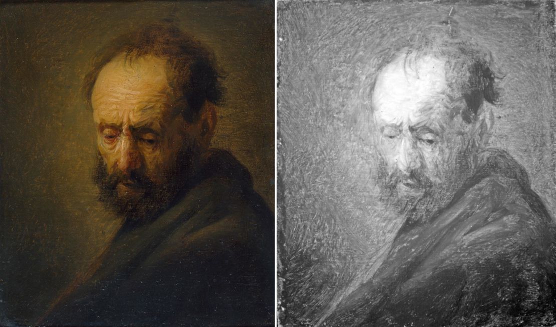 The painting, left, and an infrared version of the image, right.