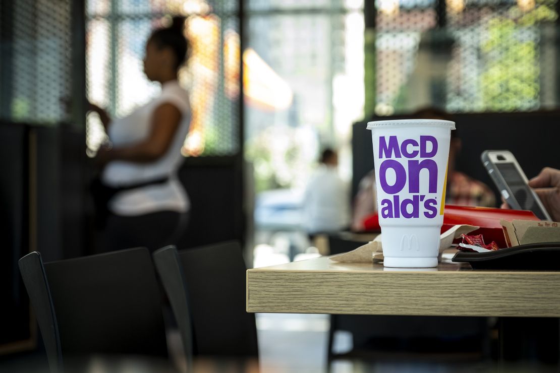 A customer's drink sits on a table inside the McDonald's Corp. flagship restaurant in Chicago, Illinois, U.S., on Monday, July 22, 2019. 