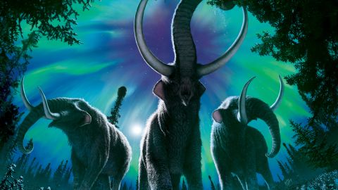 This digital painting shows three American mastodons under the aurora borealis in Beringia, which once connected Russia to America.
