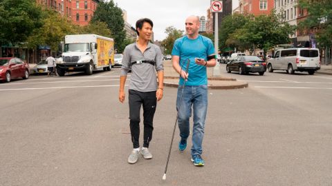 WearWorks co-founder Kevin Yoo (left) and Simon Wheatcroft (right) test out the Wayband.