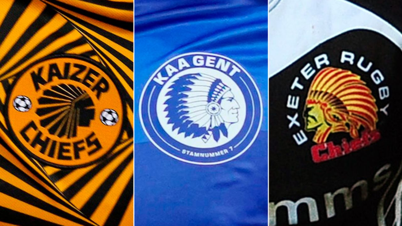 The logos of soccer teams Kaizer Chiefs in South Africa, KAA Gent in Belgium and rugby team Exeter Chiefs in the UK all have a Native American wearing a headdress.