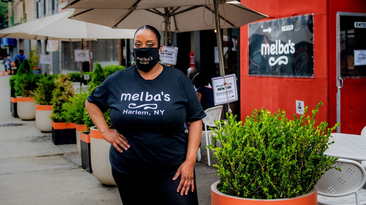 Harlem restaurateur Melba Wilson stands in front of her namesake restaurant on July 23, 2020 in Harlem, New York.