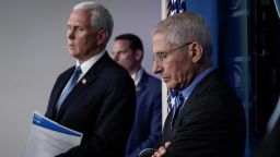 Vice President Mike Pence and Dr. Anthony Fauci, director of the National Institute of Allergy and Infectious Diseases, attend a briefing on the coronavirus pandemic, in the press briefing room of the White House on March 24, 2020 in Washington, DC. 