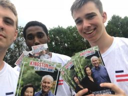 Mike Brodo and Ryan Doucette knock doors with a friend and volunteer for the Kingston for US Senate campaign in 2018.