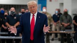 President Donald Trump speaks as he tours an emergency operations center and meets with law enforcement officers at Mary D. Bradford High School, Tuesday, Sept. 1, 2020, in Kenosha, Wis.