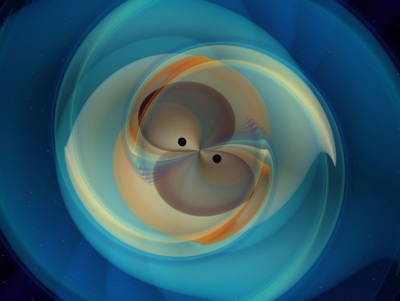 This is a simulation of two spiral black holes that merge and emit gravitational waves. 