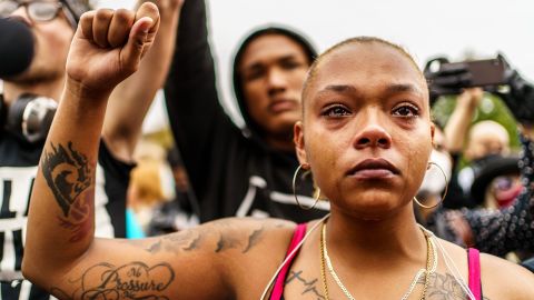 A demonstrator cries during a protest last year in Kenosha, Wisconsin.