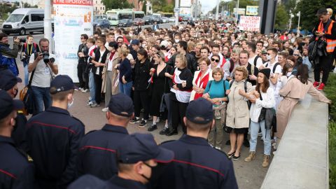 Students gathering to march against the Belarusian presidential election results in Minsk on Tuesday. 