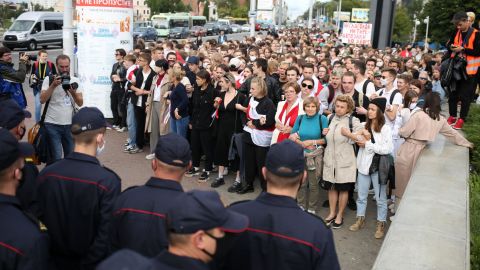 Students gathering to march against the Belarusian presidential election results in Minsk on Tuesday.