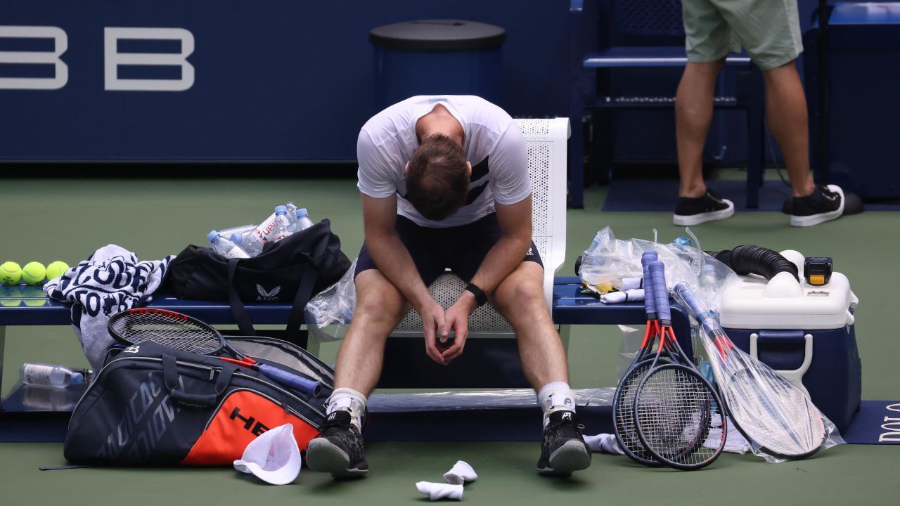 Andy Murray sits in his chair after seeing off Yoshihito Nishioka at the US Open.