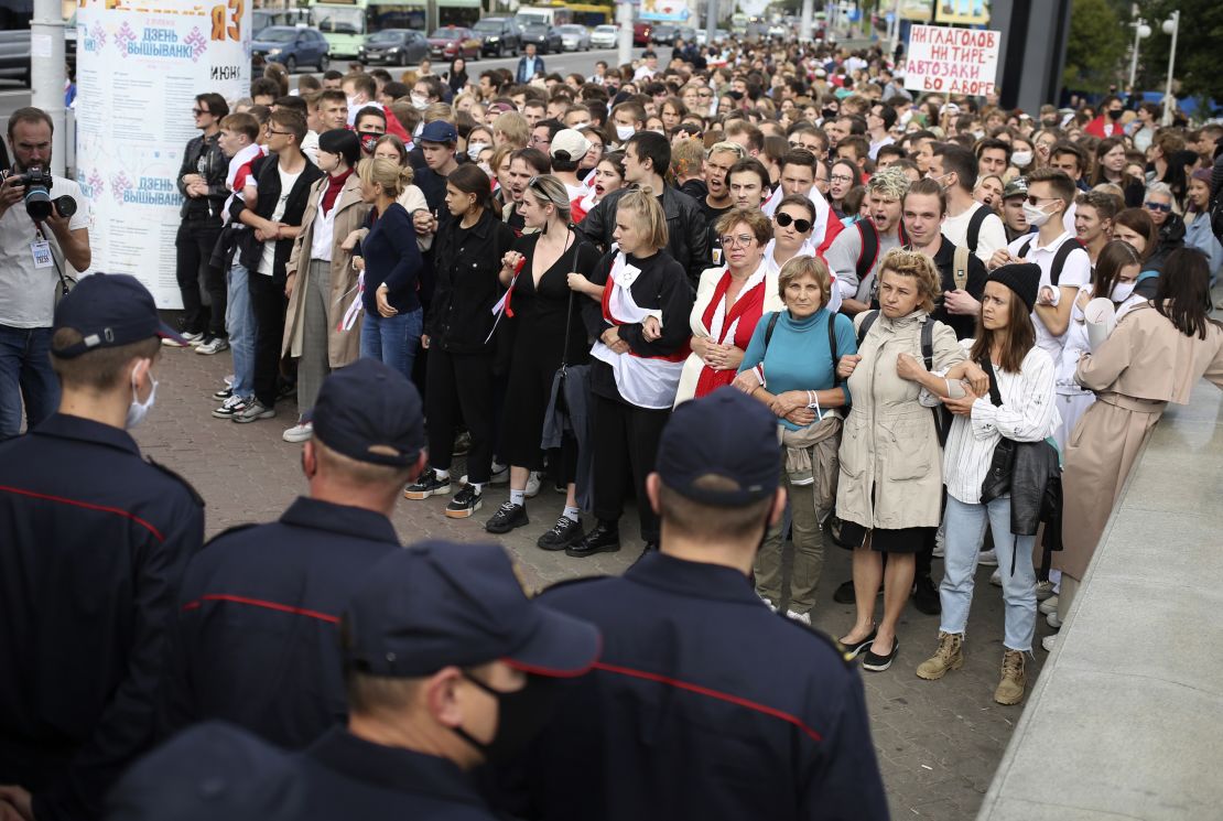 Belarusians attend a rally in Minsk, Belarus, on Tuesday, Sept. 1