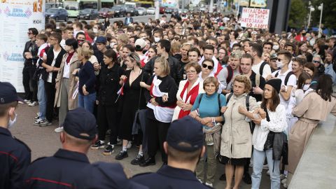 Belarusians attend a rally in Minsk, Belarus, on Tuesday, Sept. 1