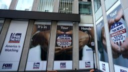 A political display outside of the Fox News headquarters in New York on July 21.