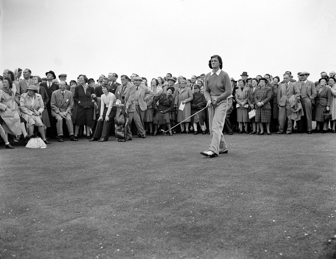 Zaharias drives off to the 15th tee during her semifinals match against Jean M. Donald at Gullane Links, Scotland in 1947.