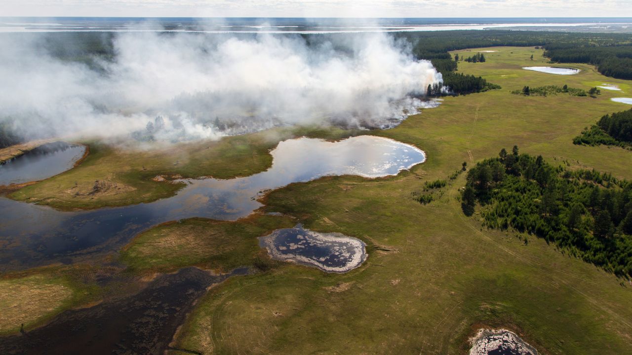 Aerial view of a forest fire in central Yakutia, in Russia's Sakha Republic. Forests are estimated to cover at least 256,107 hectares in Yakutia -- 83.4% of its whole territory.
