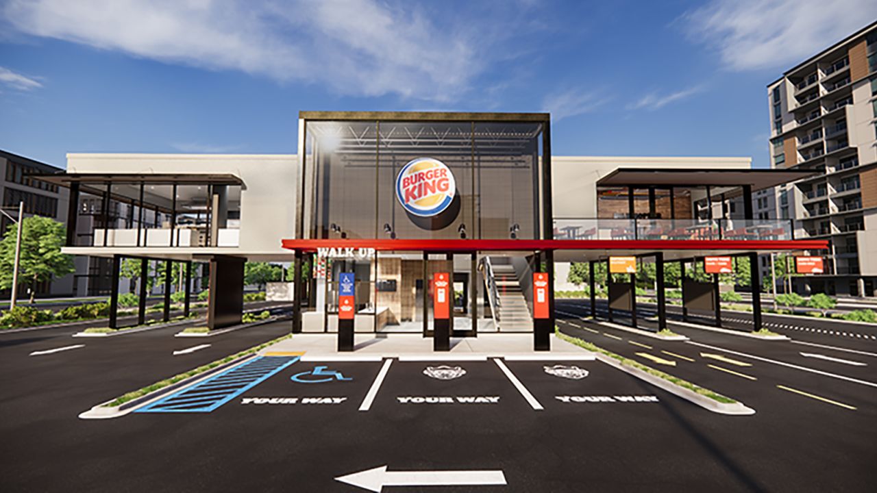 Burger King's new prototype has three drive-thru lanes. (Rendering)
