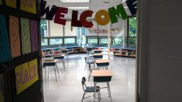 Socially distanced desks, due to the coronavirus pandemic, await the first day of school at the Newfield Elementary School on August 31, 2020 in Stamford, Connecticut.