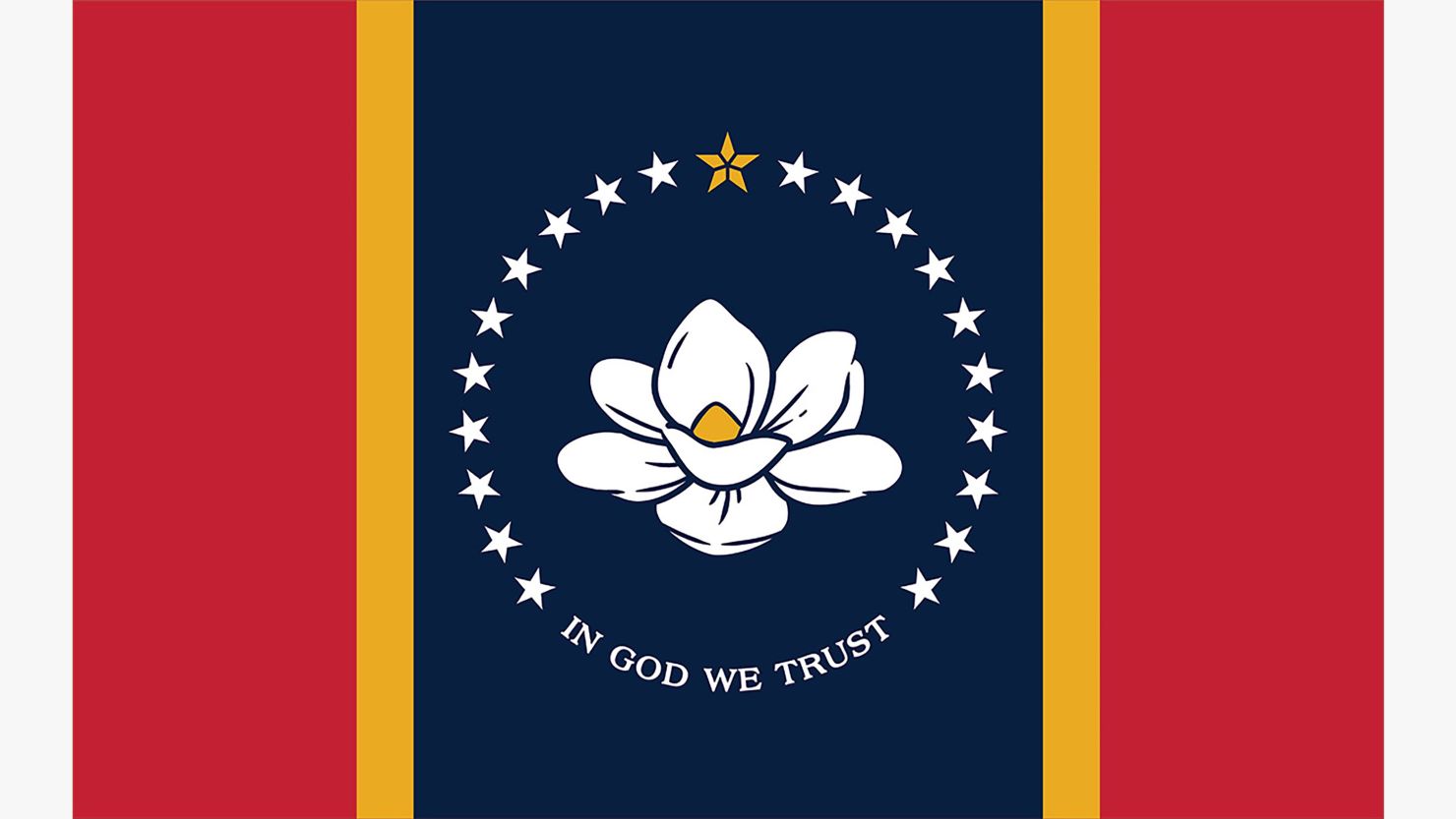 The new flag features a magnolia blossom surrounded by 20 stars, signifying Mississippi's status at the 20th state in the union, and a gold five-point star to reflect Mississippi's indigenous Native American tribes.