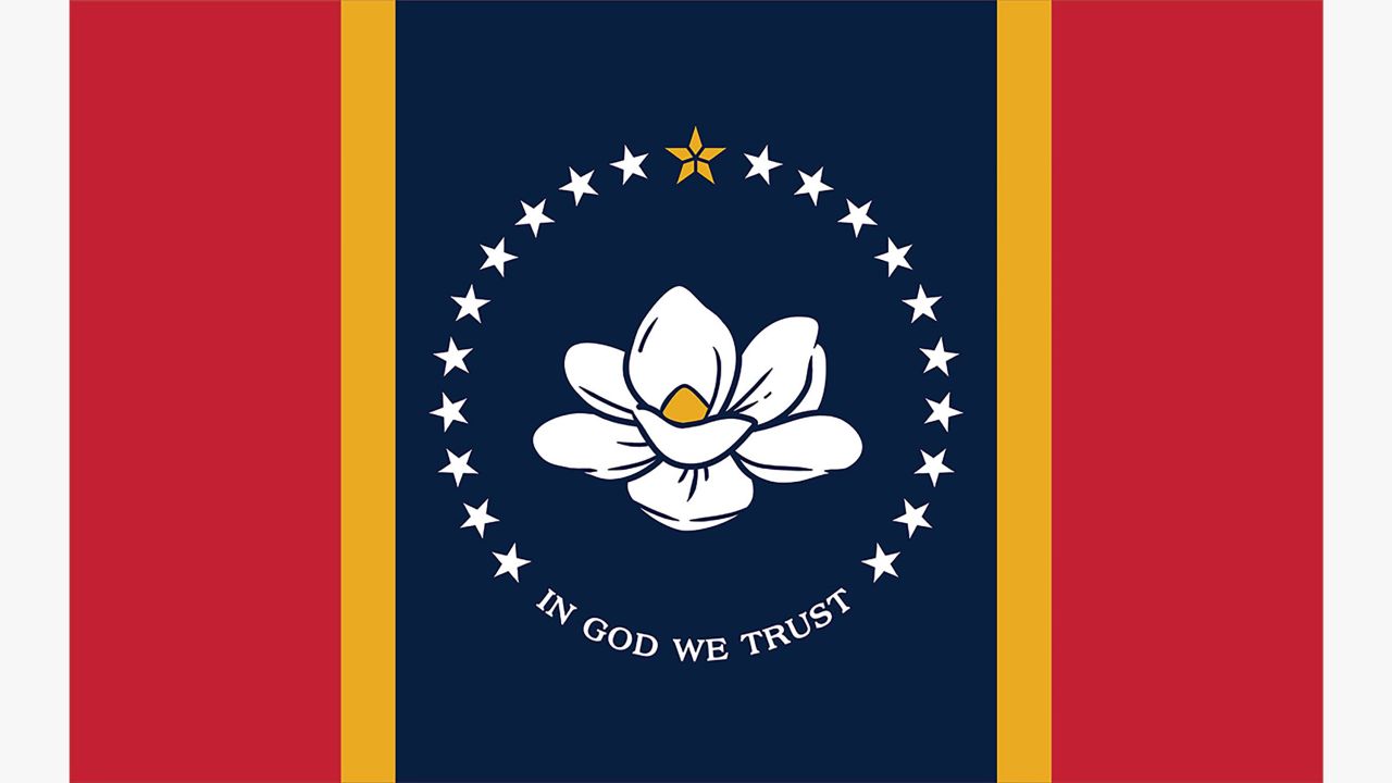 The new flag features a magnolia blossom surrounded by 20 stars, signifying Mississippi's status at the 20th state in the union, and a gold five-point star to reflect Mississippi's indigenous Native American tribes.