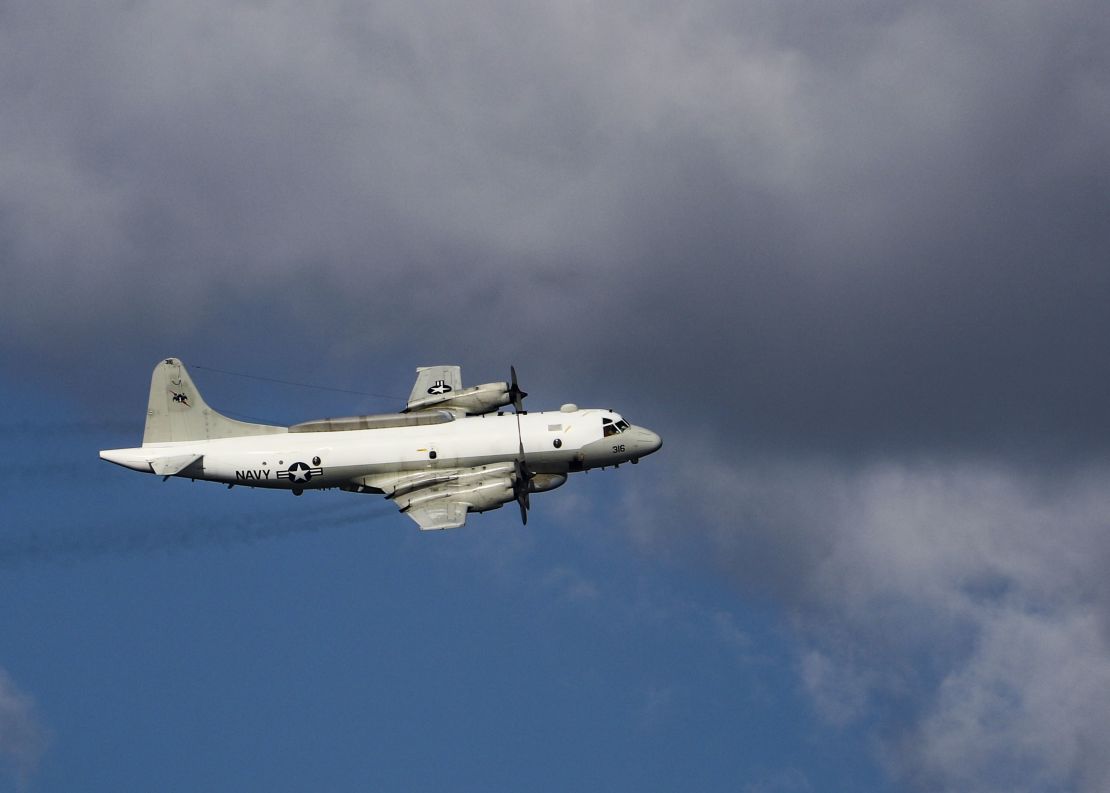 A US Navy EP-3E reconnaissance plane flies over the Mediterranean Sea in 2019.